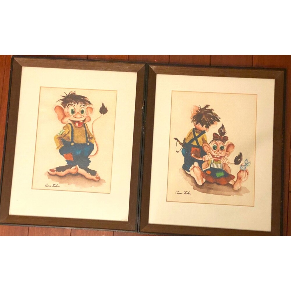 Vtg 2 Signed Watercolor Paintings Troll Gnome Kids Goofy Fun Whimsical Folk Art